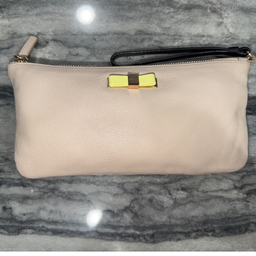 Furla Genuine Wristlet Clutch Beige Pebbled Leather, Gold Hardware, Zip‎ Closure